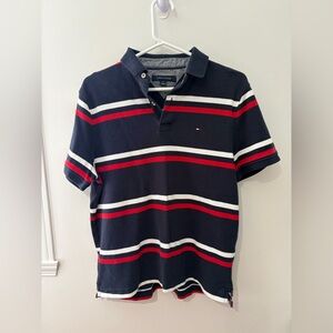 Tommy Hilfiger Men's Polo Shirt in Black with Red and White Stripes